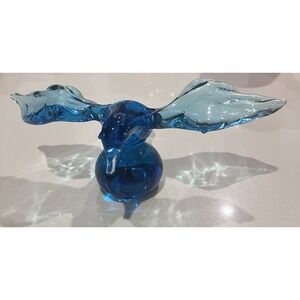 Czech Vintage Blue Glass Bird‎ On Ball Pedestal Smooth Bottom Figurine